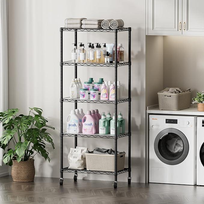 SINGAYE 5 Shelves Storage Shelf Wire Closet Bathroom Organizers Metal Pantry Kitchen Garage Shelving Unit Laundry Room Organization Home Rack Net Basket Black with Wheels - ModernBath