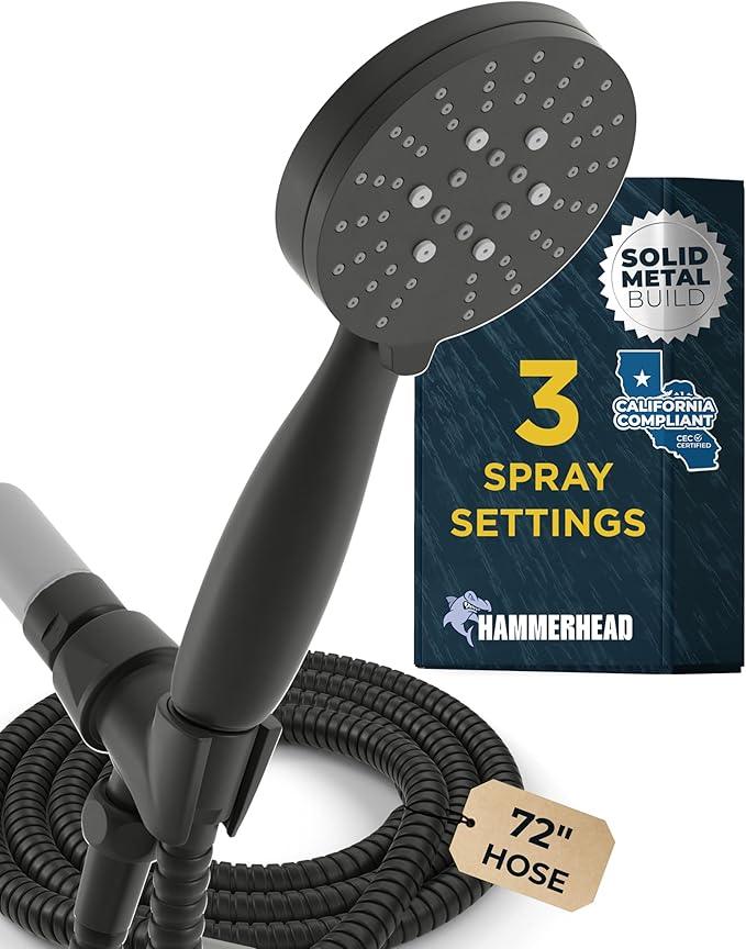 HammerHead Showers® Solid Metal 3-Spray Handheld Shower Head with Long Hose and Holder - MATTE BLACK - WIDE, MASSAGE, and MIST Sprays - 1.8 GPM Low Flow Handheld Showerhead - Water Saving Shower Head - ModernBath