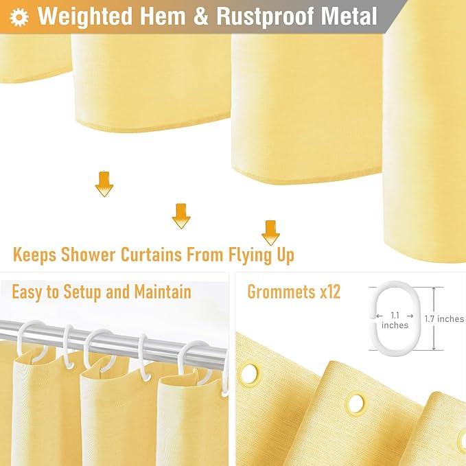 BTTN Fabric Shower Curtain, Linen Textured Heavy Duty Polyester Cloth Shower Curtain Set with Plastic Hooks, Yellow, 72" W x 78" L (Pack of 1) - ModernBath