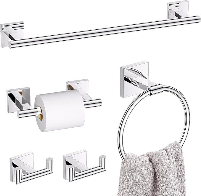 Polished Chrome Bathroom Hardware Set, 5-Piece Bath Towel Bar Set with 23.6” Towel Bar, Towel Ring, Toilet Paper Holder, Two Hooks, SUS304 Towel Racks for Bathroom Wall Mounted - ModernBath