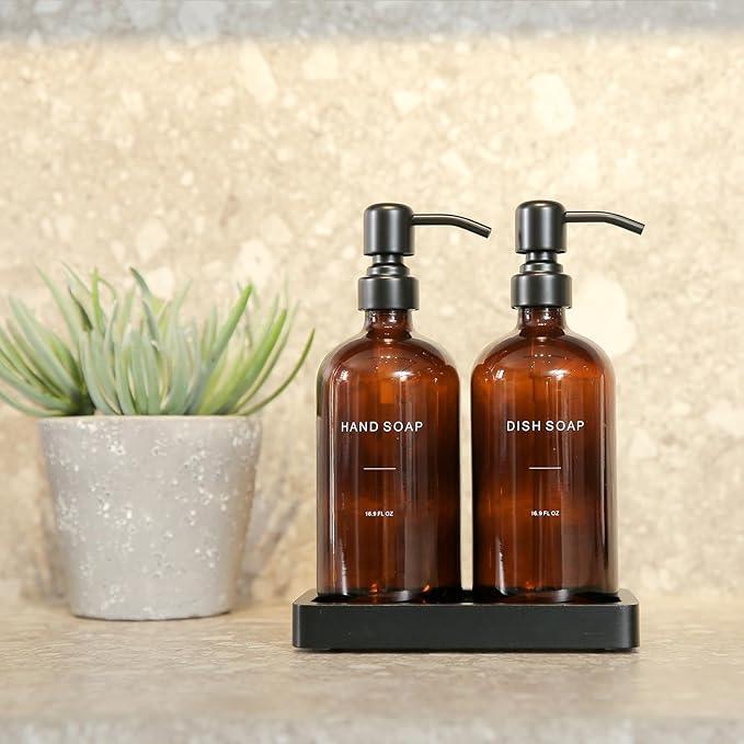 Prus Waso Amber Soap Dispenser Set, Soap Dispenser for Kitchen Sink with Black Stainless Steel Pump, Perfect for Kitchen Accessories Decor. (Amber) - ModernBath