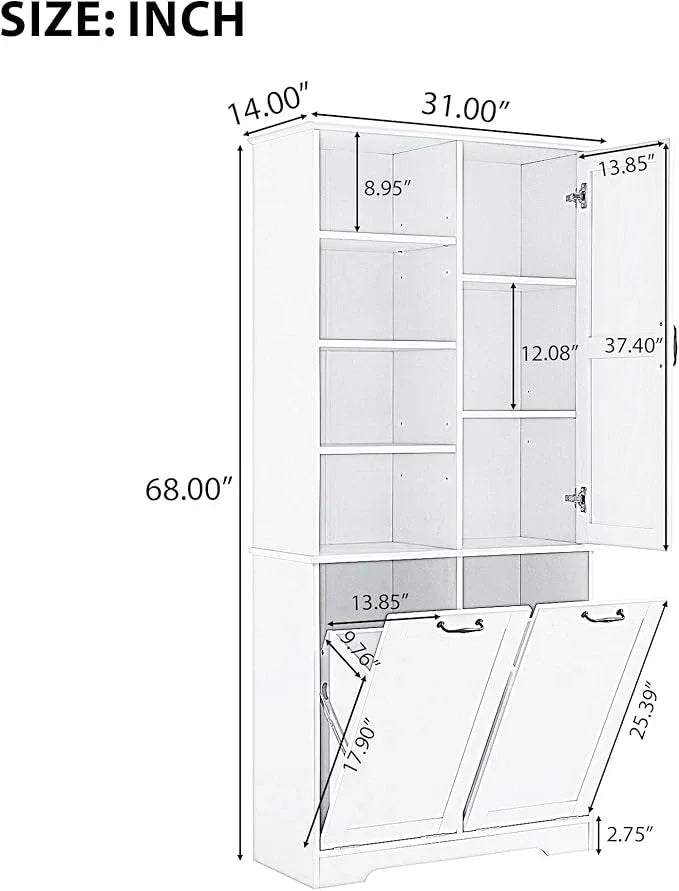 Bathroom Storage Cabinet with Doors and Drawers, Tilt-Out Laundry Hamper, Multiple Storage Space, Freestanding Style, Open Shelve, Adjustable Shelf (Black) - ModernBath
