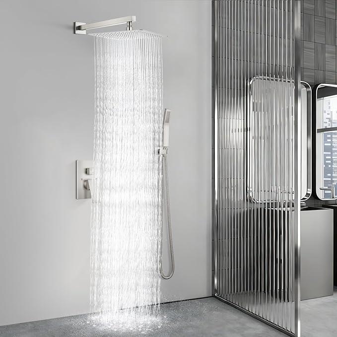 Aolemi Shower Faucet Set Rain Shower System with Handheld Spray Bathroom Shower Combo Rough-in Valve and Shower Trim Kit Included Brushed Nickel 16 Inch Wall Mount Shower Head - ModernBath