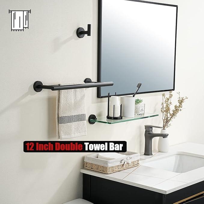 JQK Double Towel Bar Black, 15 Inch 304 Stainless Steel Thicken 0.8mm Towel Rack Holder for Bathroom Washcloths and Hand Towels, Matte Black Wall Mount, Useable Length 12 Inch, TB100L12-PB - ModernBath