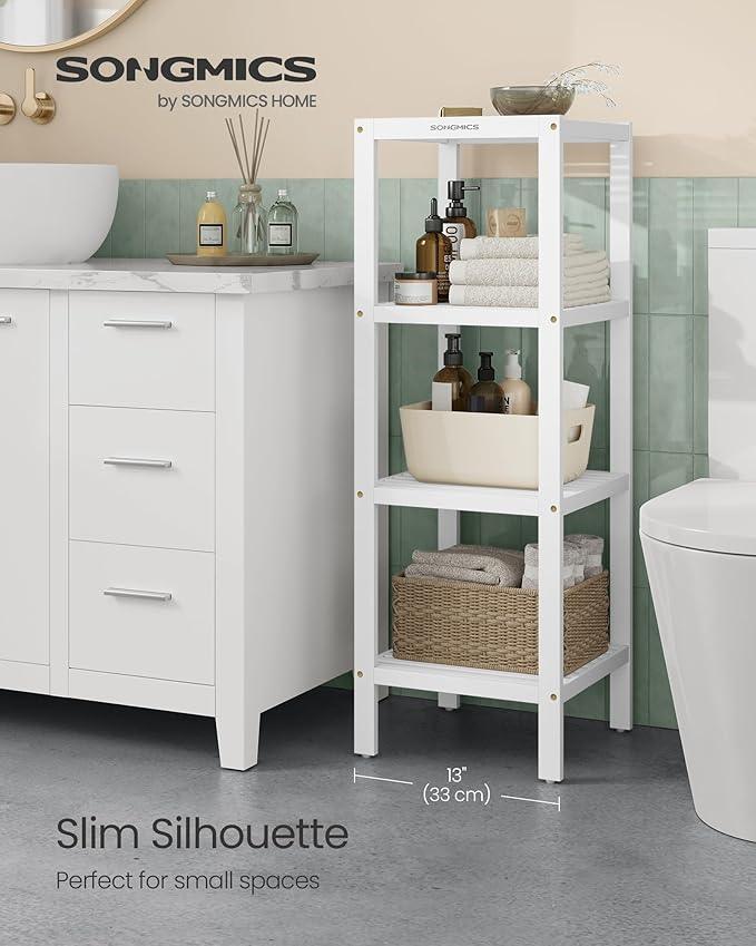 SONGMICS Bamboo Storage Shelf, 4-Tier Shelving Unit, Multifunctional, in The Entryway, Bathroom, Living Room, Balcony, Kitchen, 13 x 13 x 38.6 Inches, Cloud White UBCB054W01 - ModernBath