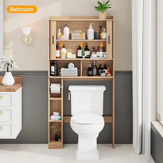 Over The Toilet Storage Cabinet,Farmhouse Toilet Cabinet Rack with 2 Tambour Sliding Doors and Toilet Paper Holder Stand，Toilet Shelf Space Saver with Towel Rack for Bathroom, Restroom, Laundry - ModernBath