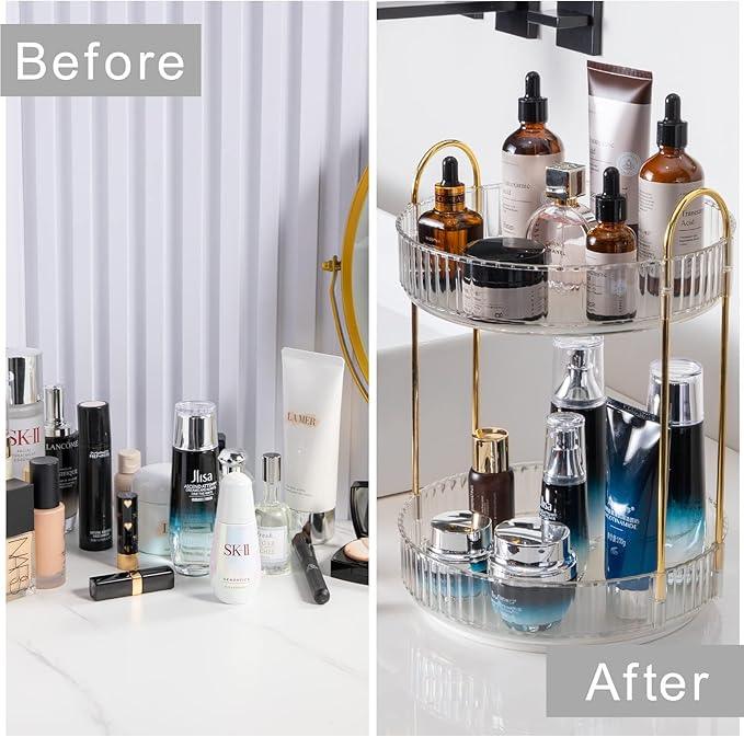INVSSENE 360° Rotating Makeup Organizer, Bathroom Make Up Spinning Holder Rack, Large Capacity Cosmetics Storage Vanity Shelf Countertop, Fits Cosmetics, Perfume, Skincare(2 Tiers, Clear) - ModernBath