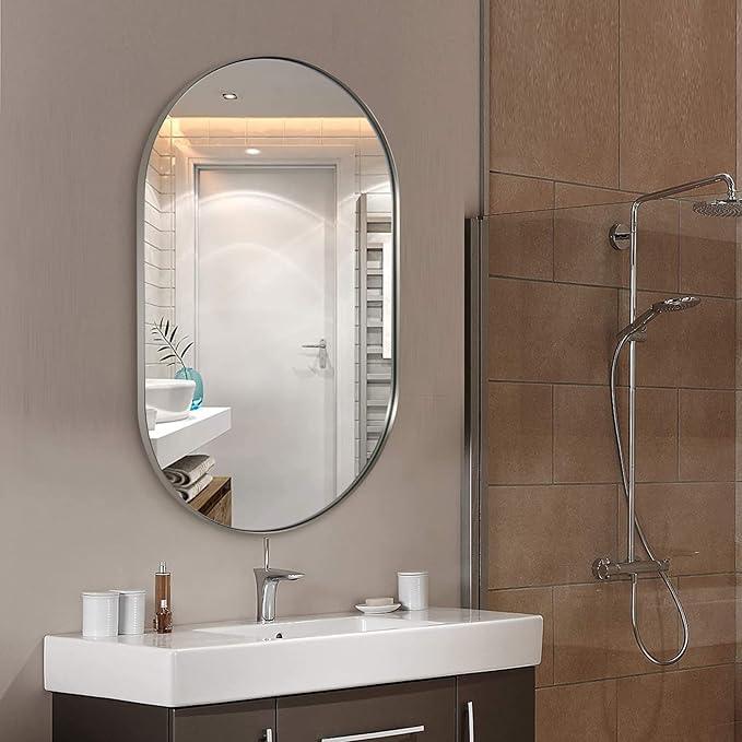 ANDY STAR Brushed Nickel Oval Bathroom Mirror, 24x36 Nickel Pill-Shaped Mirror, Oval Mirrors Wall-Mounted Mirror Vertical/Horizontal - ModernBath