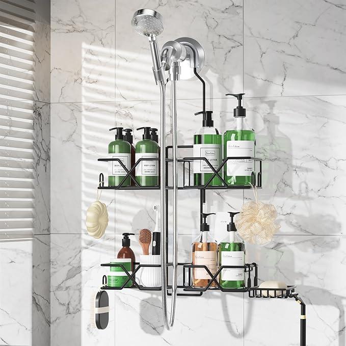 Sewulidon Stainless Steel Hanging Shower Caddy for Handheld Shower Heads,Adjustable Height Extra Long Bathroom Shower Organizer Hanger Rack with Hooks,Soap Holder - ModernBath