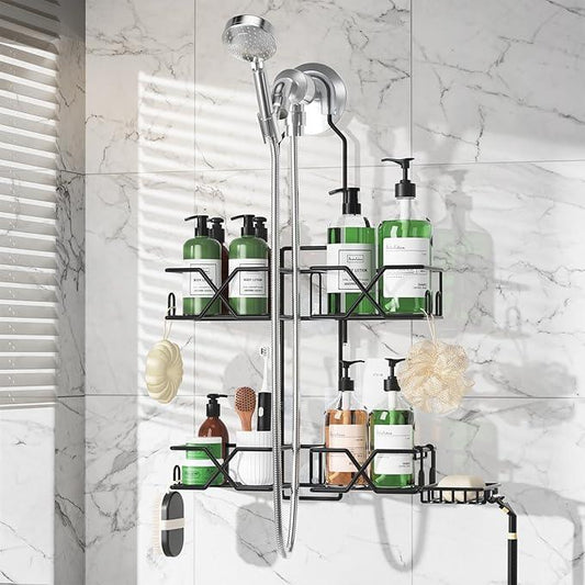 Sewulidon Stainless Steel Hanging Shower Caddy for Handheld Shower Heads,Adjustable Height Extra Long Bathroom Shower Organizer Hanger Rack with Hooks,Soap Holder - ModernBath
