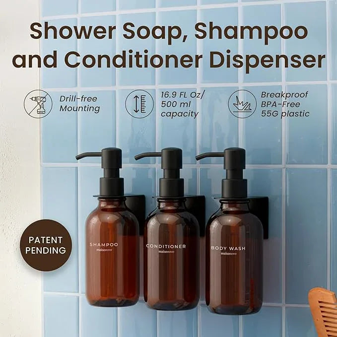 MaisoNovo Shampoo and Conditioner Dispenser - Shower Soap Dispenser Wall Mounted - 16.9 fl oz Set of 3 Amber Plastic Bottles Black Pump - 3 Chamber No Drill - ModernBath