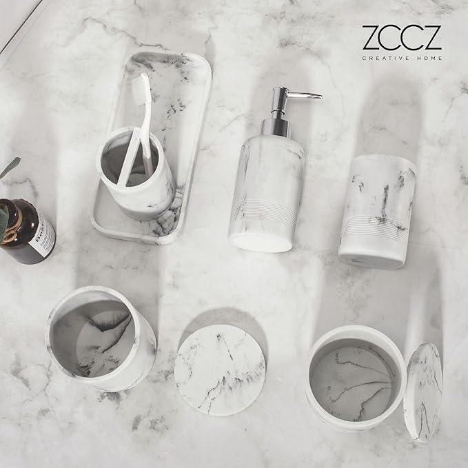 ZCCZ White Marble Bathroom Accessories Set 6 Pieces - Toothbrush Holder, Lotion Dispenser, Qtip Container, Vanity Tray, Tumbler - Countertop Organizer for Bathrooms - Elegant and Functional Décor Set - ModernBath