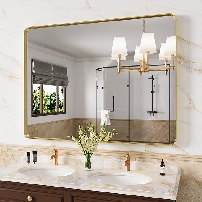 JISOSO Gold Bathroom Mirror, 48x32 Inch Brushed Gold Metal Frame Mirror for Wall, Rounded Rectangle Bathroom Vanity Mirror, Tempered Glass, Anti-Rust, Horizontal/Vertical - ModernBath