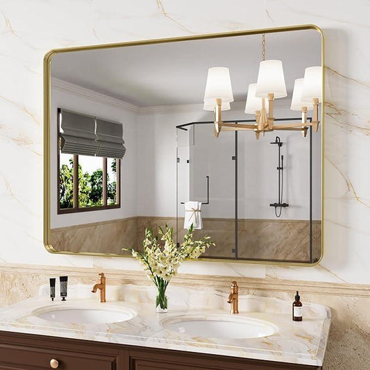 JISOSO Gold Bathroom Mirror, 48x32 Inch Brushed Gold Metal Frame Mirror for Wall, Rounded Rectangle Bathroom Vanity Mirror, Tempered Glass, Anti-Rust, Horizontal/Vertical - ModernBath