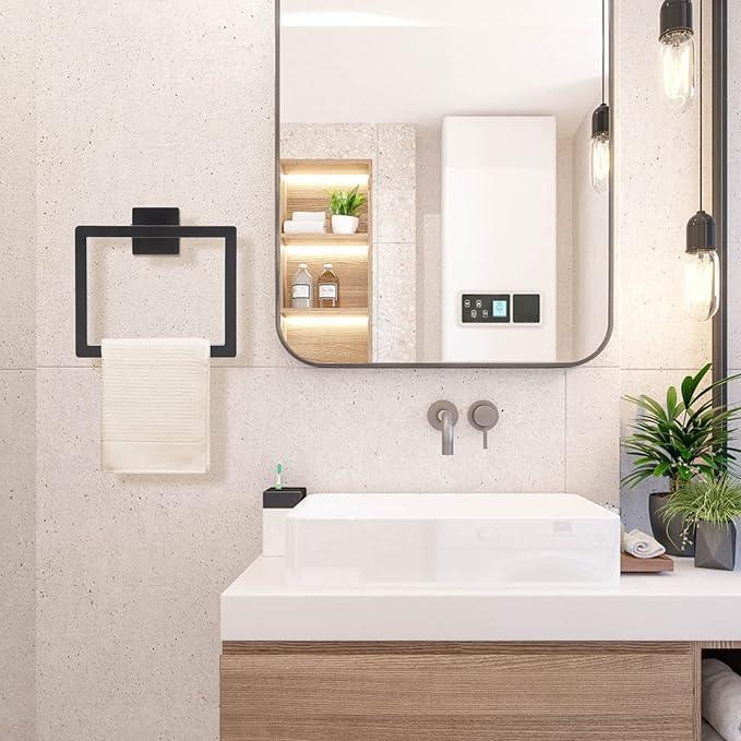 2-Piece Matte Black Square Towel Ring,Modern Hand Towel Holder for Bathroom,Stainless Steel Towel Hangers Wall-Mounted Bathroom Accessories - ModernBath