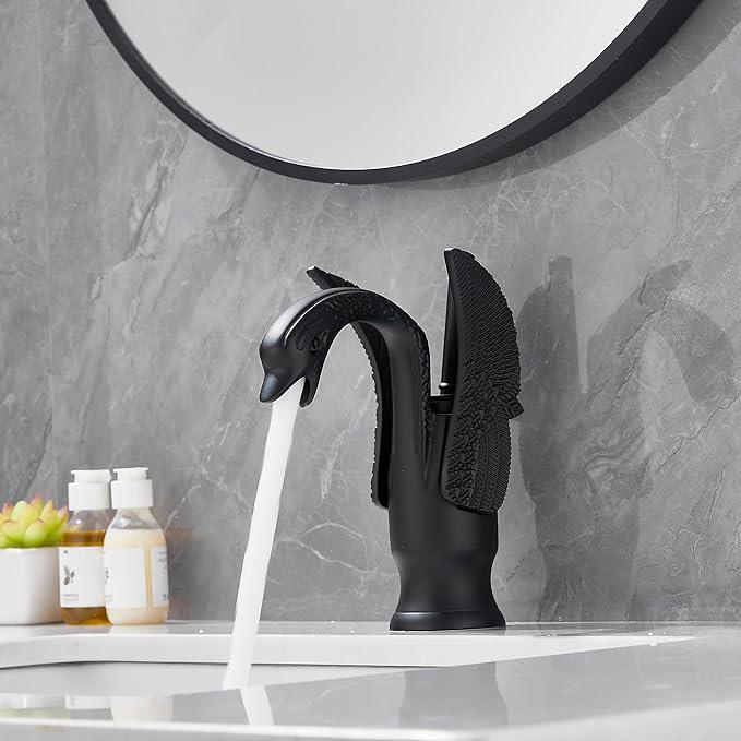 GGStudy Bathroom Faucet Matte Black Swan Single Handle 1 Hole Bathroom Vanity Faucet Basin Tap Deck Mount Lavatory - ModernBath