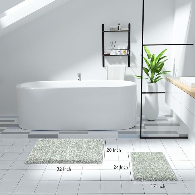 Yimobra Bathroom Rug Set 2 Piece, Soft Absorbent Microfiber Bath Mat Set, Non Slip Machine Washable Dry, Plush Shaggy Shower Rugs for Bathroom Floor, 32"x20"+24"x17", Light Green and White - ModernBath
