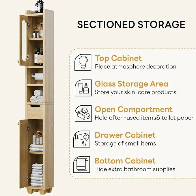 LIKIMIO 69" H Tall Bathroom Storage Cabinet with 2 Doors & 1 Drawer, Narrow Adjustable Shelves & Pull-Out Tissue Holder, Slim Freestanding Cabinet for Small Spaces, Kitchen, Entryway, Rustic White - ModernBath