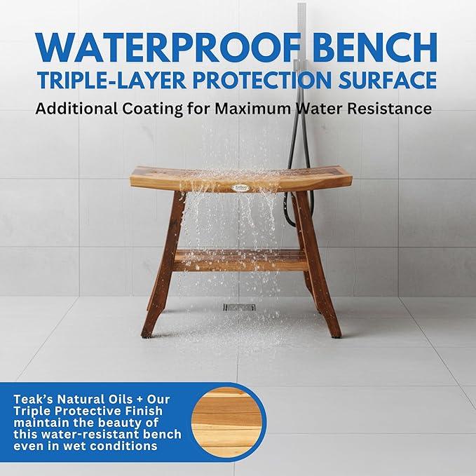 EcoDecors 24 Inch Satori Natural Teak Waterproof Teak Wood Shower Bench Stool Seat Chair for Inside Shower Provides Safety, Storage, and Organization for Bathroom Accessories - ModernBath
