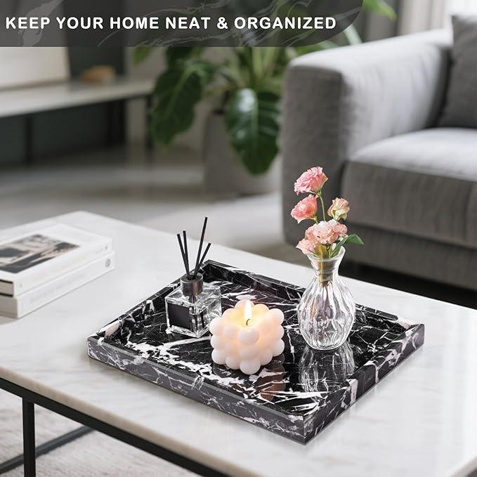 Homaura Marble Bathroom Tray for Countertop & Home Decor, Natural Decorative Marble Tray for Jewelry & Perfume Organizer, Luxury Stone Vanity Trays for Dresser, Kitchen Counter, 12" x 8", Black - ModernBath
