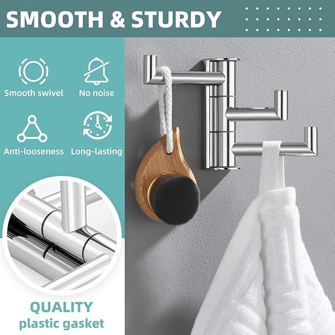 APLusee Polished Chrome Swivel Towel Hook for Bathroom, Heavy Duty 304 Stainless Steel Bathroom Wall Hook with Multi 3 Arms, Wall Mounted Towel Hanger for Kitchen Garage - ModernBath