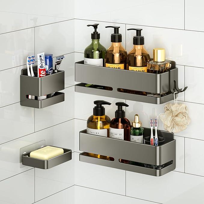 Bathroom Storage Rack (5-Piece Set), Wall-Mounted Shelf with soap Dish and Toothbrush Holder, no Drilling Required, Ideal for Bathroom Storage and Also Suitable for Kitchen (Grey) - ModernBath