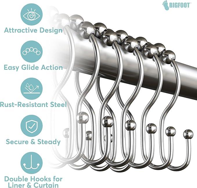 BigFoot Shower Curtain Hooks, Stainless Steel, Rust Resistant, Easy Installation & Smooth Glide, Fits Standard Shower Rods, 2 Hook Rings Hold Liners & Curtains, 12 Pieces, Nickel Color - ModernBath