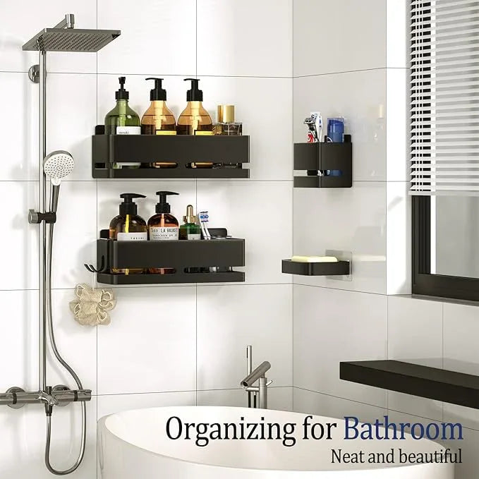 Bathroom Storage Rack (5-Piece Set), Wall-Mounted Shelf with soap Dish and Toothbrush Holder, no Drilling Required, Ideal for Bathroom Storage and Also Suitable for Kitchen (Black) - ModernBath