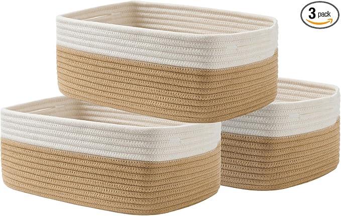 Small Woven Basket, 13.5 x 9.5 x 5 Inches, Storage Basket for Organizing, Cute Small Rope Shelf Closet Cube Storage Bins Baskets for Shelves, Dog Toy Gift Baskets Empty, 3 Pack White & Brown - ModernBath