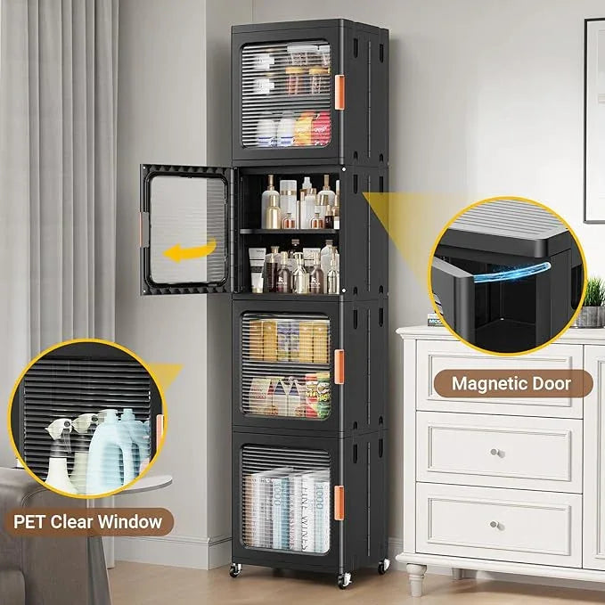 BROVIEW 3-Tier Tall Narrow Storage Cabinet 14.6” Wide, Slim Bathroom Cabinets with Adjustable Shelves and Doors, Plastic Kitchen Pantry Organizers and Storages for Small Space, Laundry, Black - ModernBath