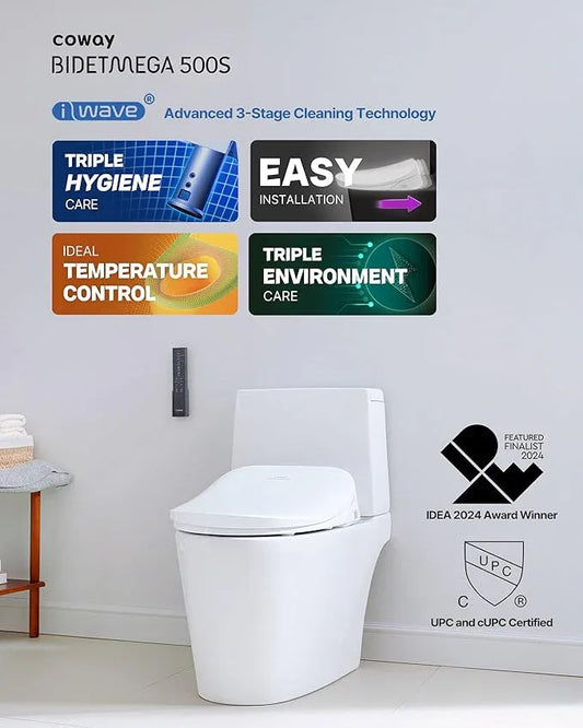 Coway Electronic Bidet Elongated Toilet Seat with Instantaneous Water Heating, Heated Seat and Dryer, Auto Open and Close Lid, Night Light, Deodorizer, Stainless Nozzle, Remote Control 500S - ModernBath