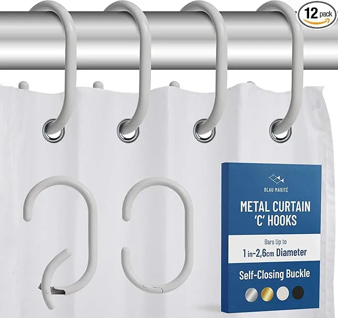 Blau Marité 12 Metal Shower Curtain Hooks, Rust-Proof Decorative C-Shaped Curtain Hooks for Bathroom, White Shower Curtain Rings, Fits Rods Up to 1 Inch (C, White) - ModernBath