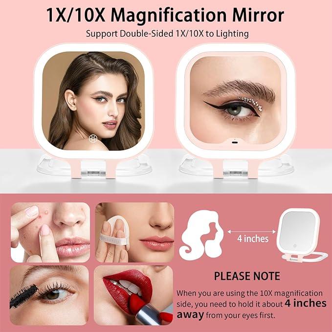 DESCHEN Rechargeable Travel Makeup Vanity Mirror with Lights and Magnification, Portable 1X/10X Magnifying Mirror with 3 Color Light, Lighted Makeup Mirror with Magnification, Folding LED Desk - Pink - ModernBath
