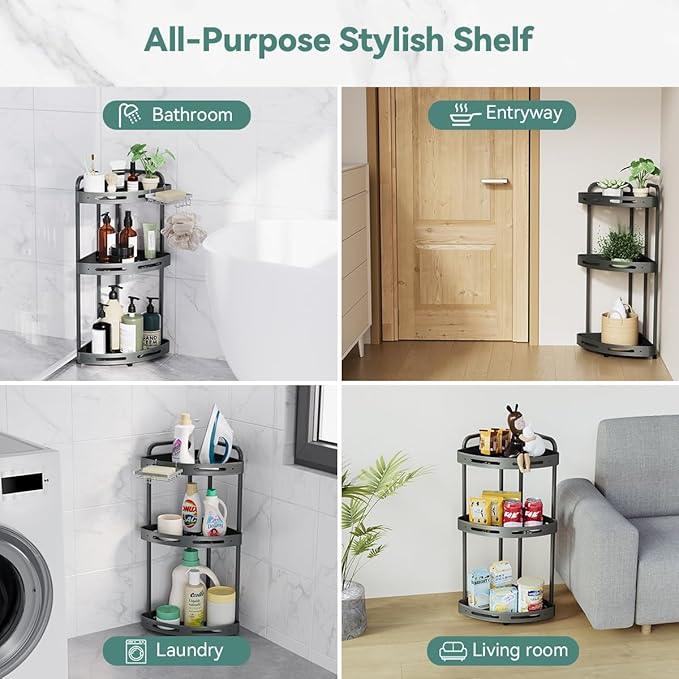 Corner Shower Caddy Standing, 3 Tier Shower Organizer Stand with Soap Holder, Rustproof Shower Shelves for Bathroom Storage, Grey - ModernBath