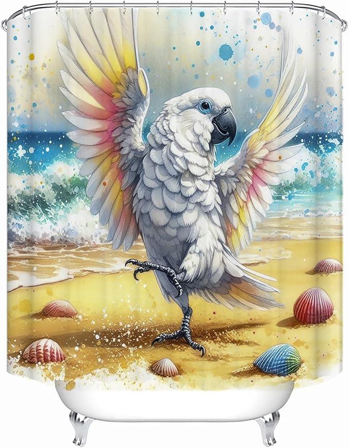 LYFANS Bathroom Uses A Dancing White Parrot On The Beach 3D Shower Curtain, Luxury Bathtub Standard Shower Curtain, Waterproof and Bright Fabric Shower Curtains, Size (72x72 Inches) - ModernBath