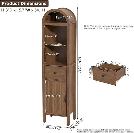 64" Tall Bathroom Storage Cabinet with Adjustable Shelves,Tall Narrow Arched Freestanding Tower Cabinet with Fluted Doors and Drawers,Space Saving Organizer for Bathroom Living Room (Walnut) - ModernBath