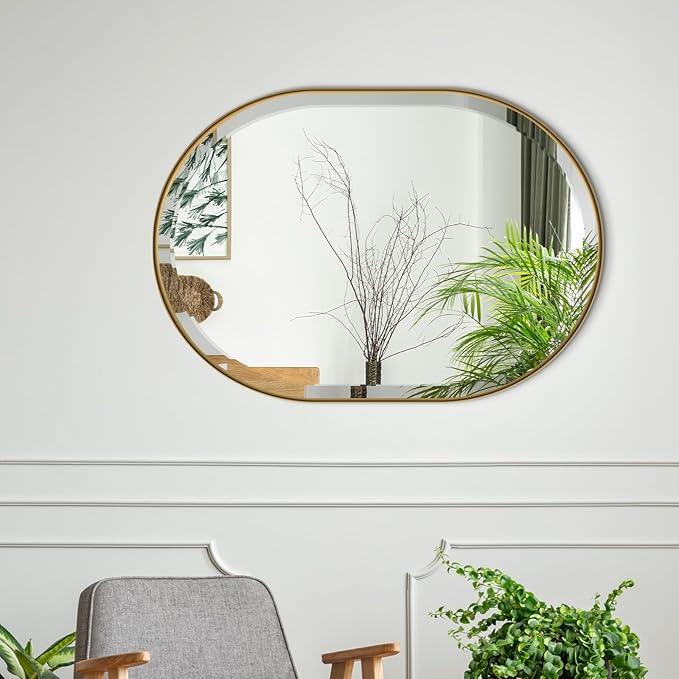 POZINO Oval Mirror Over Sink, Brushed Gold Beveled Bathroom Mirror, 22"x30" Vanity Wall Mirrors with Stainless Steel Frame, Brass Modern Rounded Mirrors for Bedroom Living Room Entryway - ModernBath