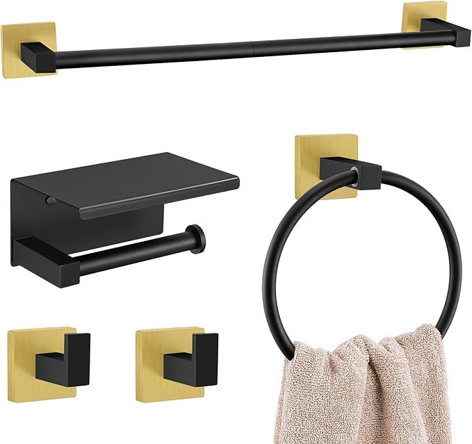 5-Piece Bathroom Hardware Set Black Gold Bathroom Hardware Accessories Set Upgraded Toilet Paper Holder with Shelf Towel Holder Set for Bathroom Stainless Steel Wall Mounted - ModernBath