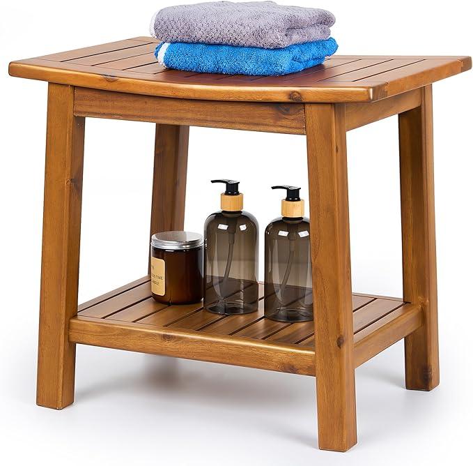 Upolana Teak Shower Bench, 20" Solid Wood Shower Stool Waterproof Shower Seat with Storage Shelf for Bathroom, Indoor & Outdoor Use - ModernBath