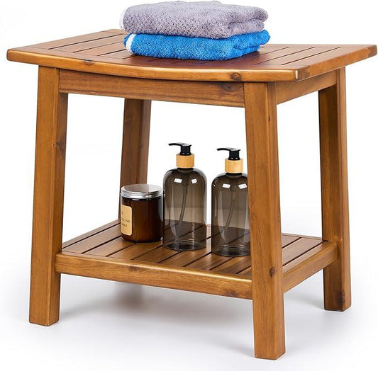 Upolana Teak Shower Bench, 20" Solid Wood Shower Stool Waterproof Shower Seat with Storage Shelf for Bathroom, Indoor & Outdoor Use - ModernBath