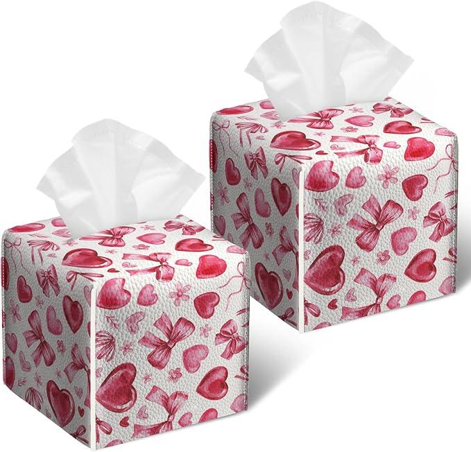 Pink Heart Bow Tissue Box Cover 2PCS, Leather Tissue Box Holder Square Facial Paper Case Tissue Box Cube Organizer for Bathroom Bedroom Desk Office - ModernBath