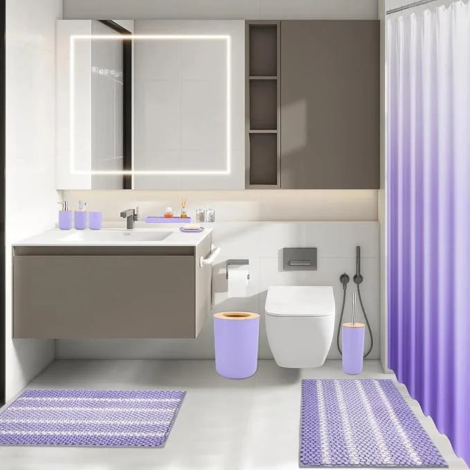 SLDIYWOW Purple Bathroom Accessories Set with Ombre Shower Curtain and No-Slip Bath Rugs,24PC Bath Sets with Trash Can, Toothbrush Holder, Cup, Soap Dispenser, Tray, Soap Dish,Toilet Brush,Qtip Holder - ModernBath