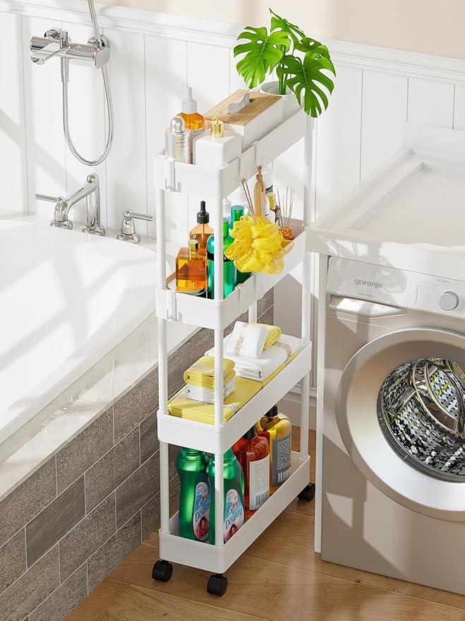 LEHOM 5.1" Slim Storage Cart - 4 Tiers Bathroom Organizer Mobile Shelving Unit Storage Rolling Utility Cart Slide Out Organizer for Kitchen Bathroom Laundry Narrow Places, White - ModernBath