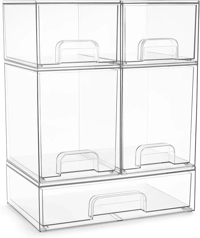 Sorbus Acrylic Storage Containers - 5 Pack, Stackable Storage Bins Set for Bathroom Organization - Clear Acrylic Drawer Organizers - Makeup Case Pull-Out Drawers (7.6’’ and 4.4’’ Tall and 12.1’’ Wide) - ModernBath