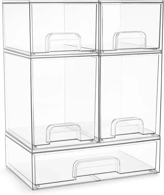 Sorbus Acrylic Storage Containers - 5 Pack, Stackable Storage Bins Set for Bathroom Organization - Clear Acrylic Drawer Organizers - Makeup Case Pull-Out Drawers (7.6’’ and 4.4’’ Tall and 12.1’’ Wide) - ModernBath
