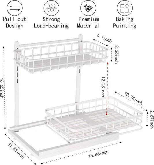 Under Sink Organizer, Adjustable Height Pull-Out Kitchen Storage Organization,15.8" x 11.8" x 16.5",2-Tier Kitchen Shelf,Bathroom Drawer Organizer, White - ModernBath