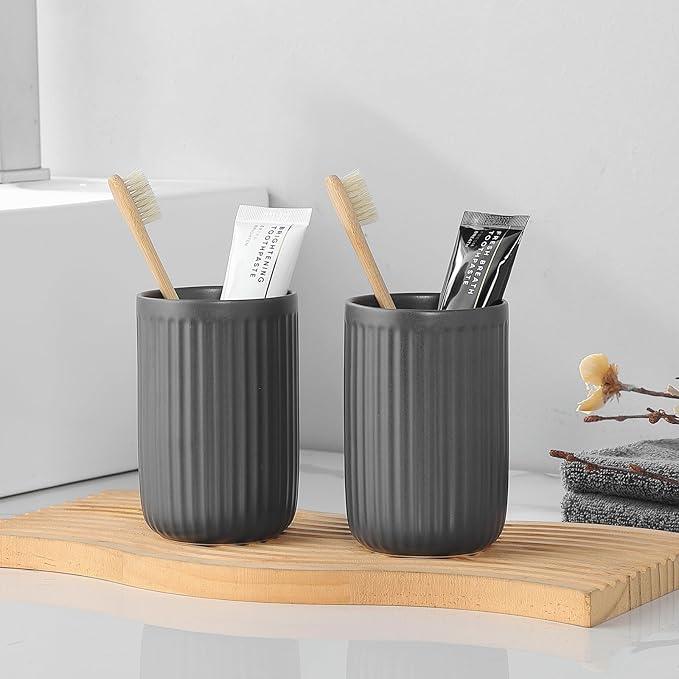 Matte Grey Toothbrush Holders for Bathrooms - Ceramic Toothbrush Toothpaste Holders Set, Bathroom Tumbler Cups Reusable Toothbrush Cup Grey Mouthwash Cup, Counter Organizer. - ModernBath
