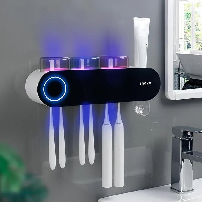 iHave Wall Mounted Electric Toothbrush Holders with 3 Cups, UV Sanitizer, Toothpaste Dispenser, Smart Home Bathroom Accessories & Decor, Black - ModernBath