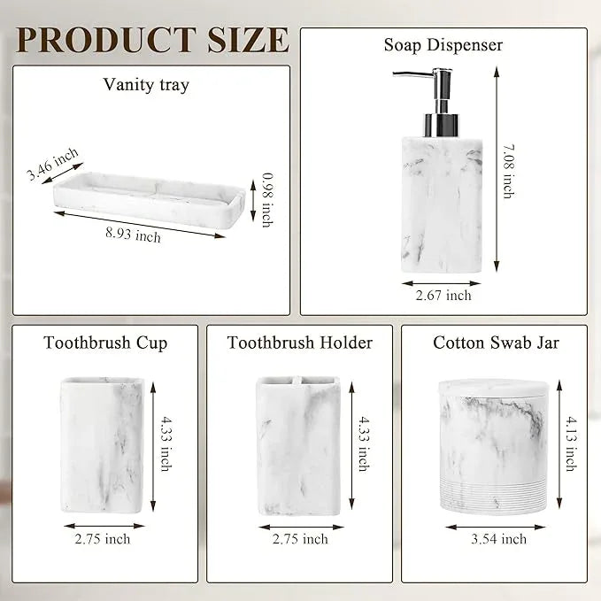 YMXYJM Bathroom Accessories Set, 6 Piece Bathroom Set with Toothbrush Holders, Soap Dispenser, Vanity Tray, Tumbler, Cotton Swab Jars, Bathroom Organizer，Bathroom Sink Sets, Artificial Marble White - ModernBath