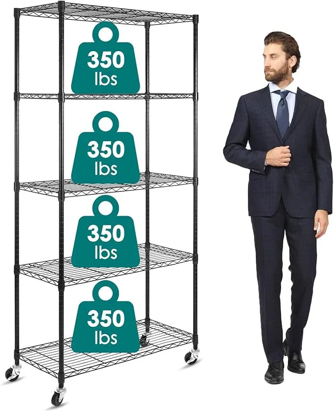 WDT 5-Shelf Shelving Units on Wheels Casters, Adjustable Heavy Duty Metal Shelf Wire Storage Rack for Home Office Garage Kitchen Bathroom Organization(16”Wx36”Dx75”H), Black - ModernBath